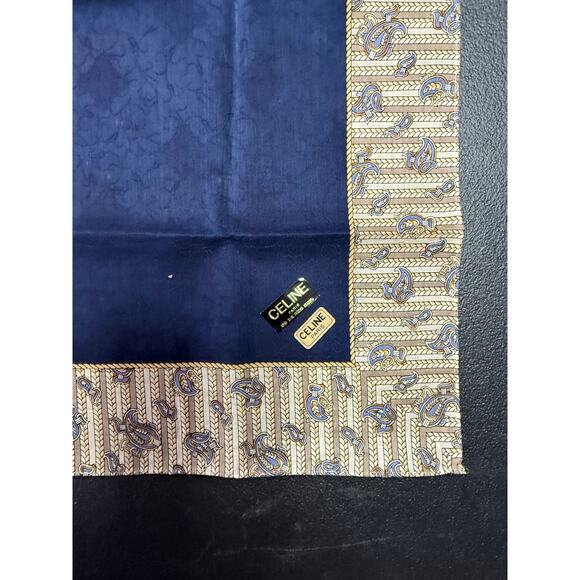 Celine Cotton Square Scarf*Beautiful Paisley Pattern*Navy Tan*Tags - Picture 2 of 3